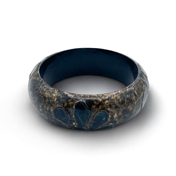 Dark Resin Bangle with Embossed Floral Pattern - Rustic Bohemian Bracelet - Picture 1 of 4